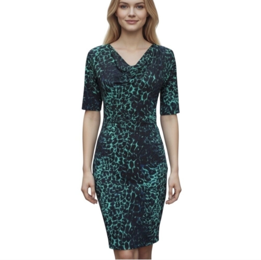 BCBG MAXAZRIA BCBG City Cowlneck Jade Leopard-print Dress Womens Size M